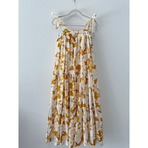 Mon Renn Floral Tiered Maxi Dress Yellow White Tie Straps Size Small - Picture 2 of 6